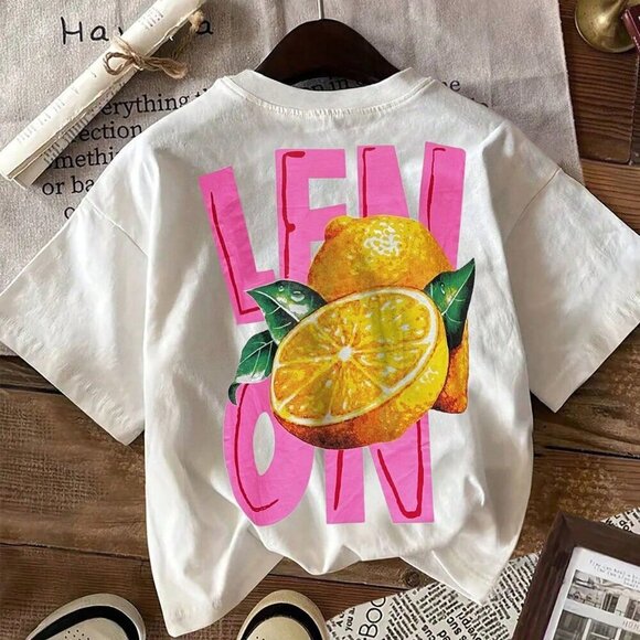 White Casual Women's Lemon Fruit Print Round Neck Short Sleeve T-Shirt - Picture 3 of 5